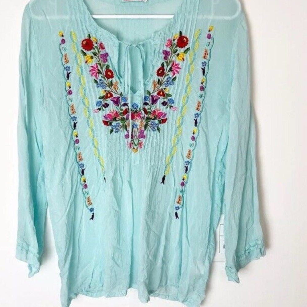 Johnny Was aqua embroidered tunic with embroidery XXL